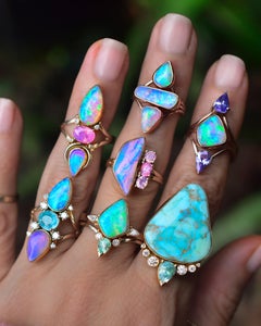 Australian Opal & Paraiba Tourmaline Trinity Talisman Ring with Diamonds in 14k