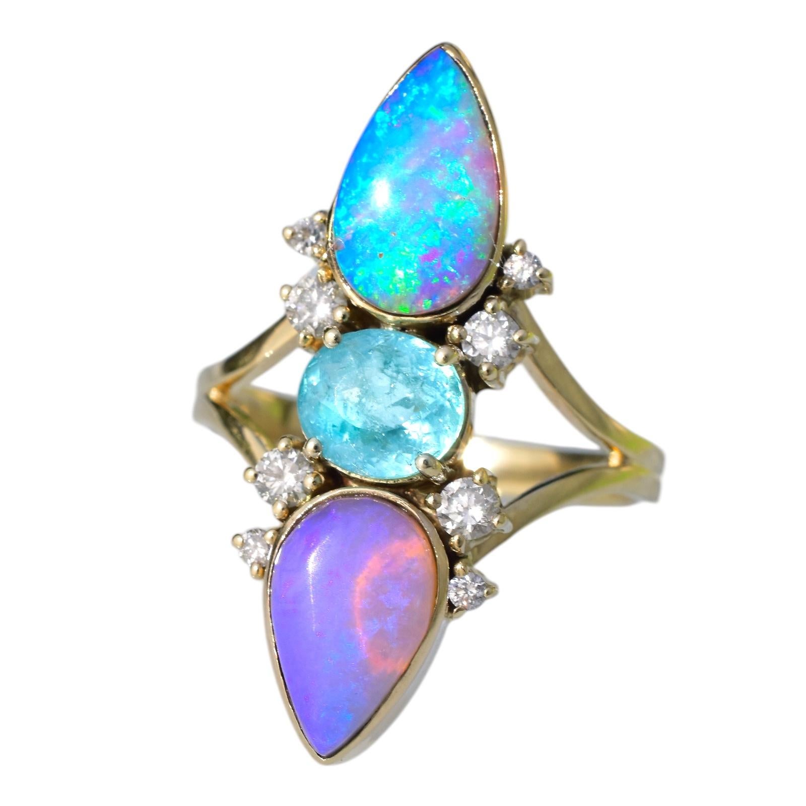 Opale australienne & Tourmaline Paraiba Bague Talisman Trinité avec Diamants en 14k Neuf - En vente à Kula, HI
