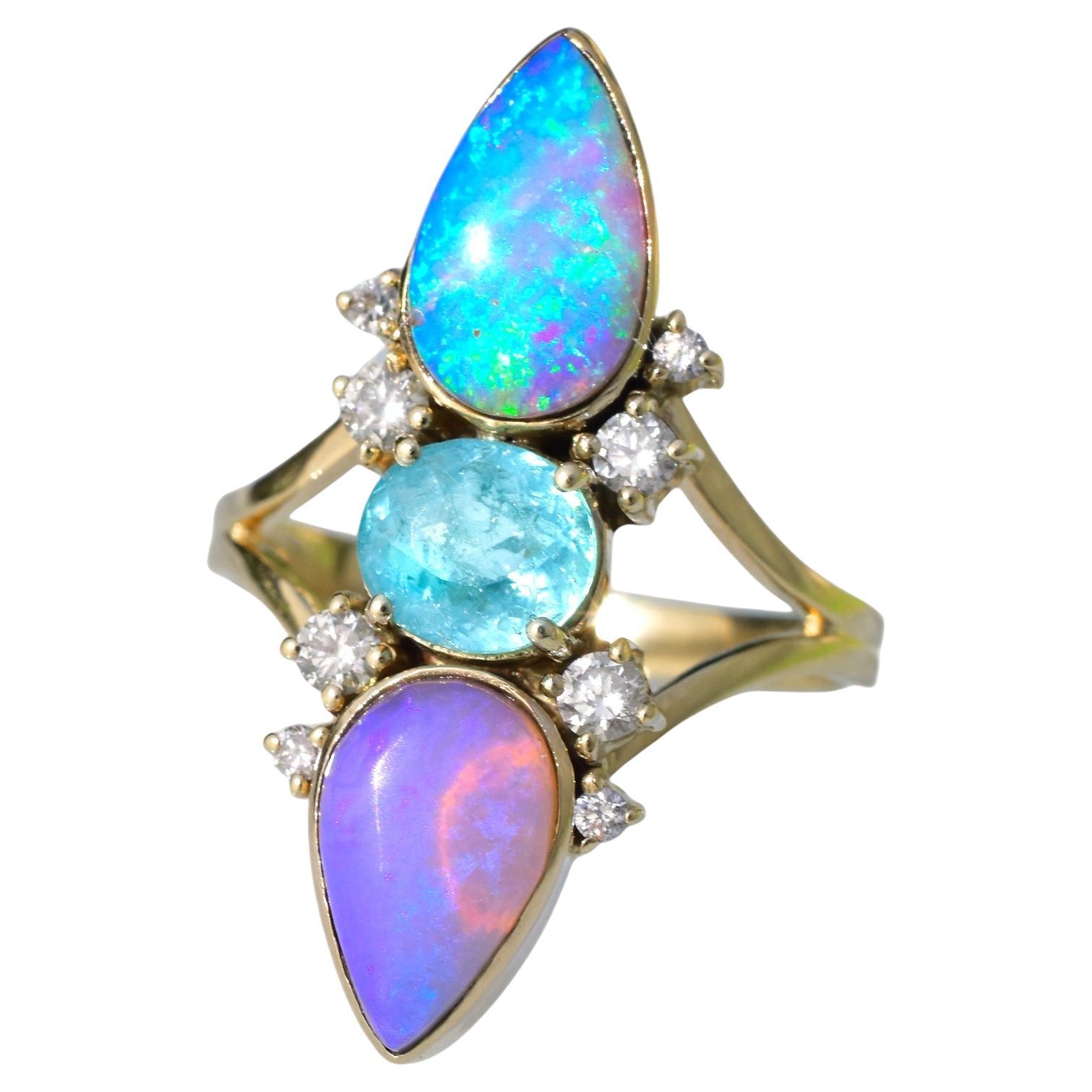 Australian Opal & Paraiba Tourmaline Trinity Talisman Ring with Diamonds in 14k