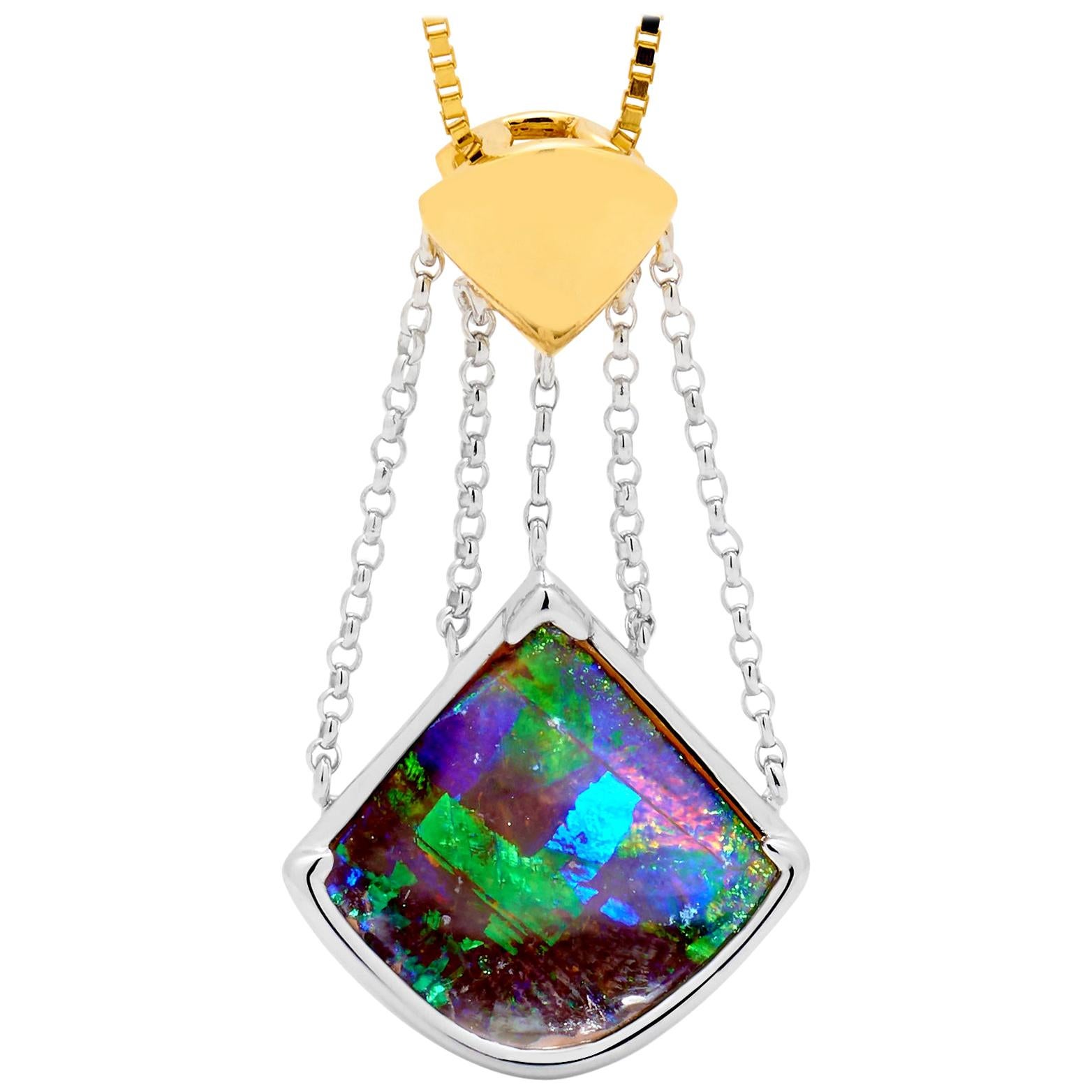 Australian 3.89ct Boulder Opal Pendant in 18K White and Yellow Gold