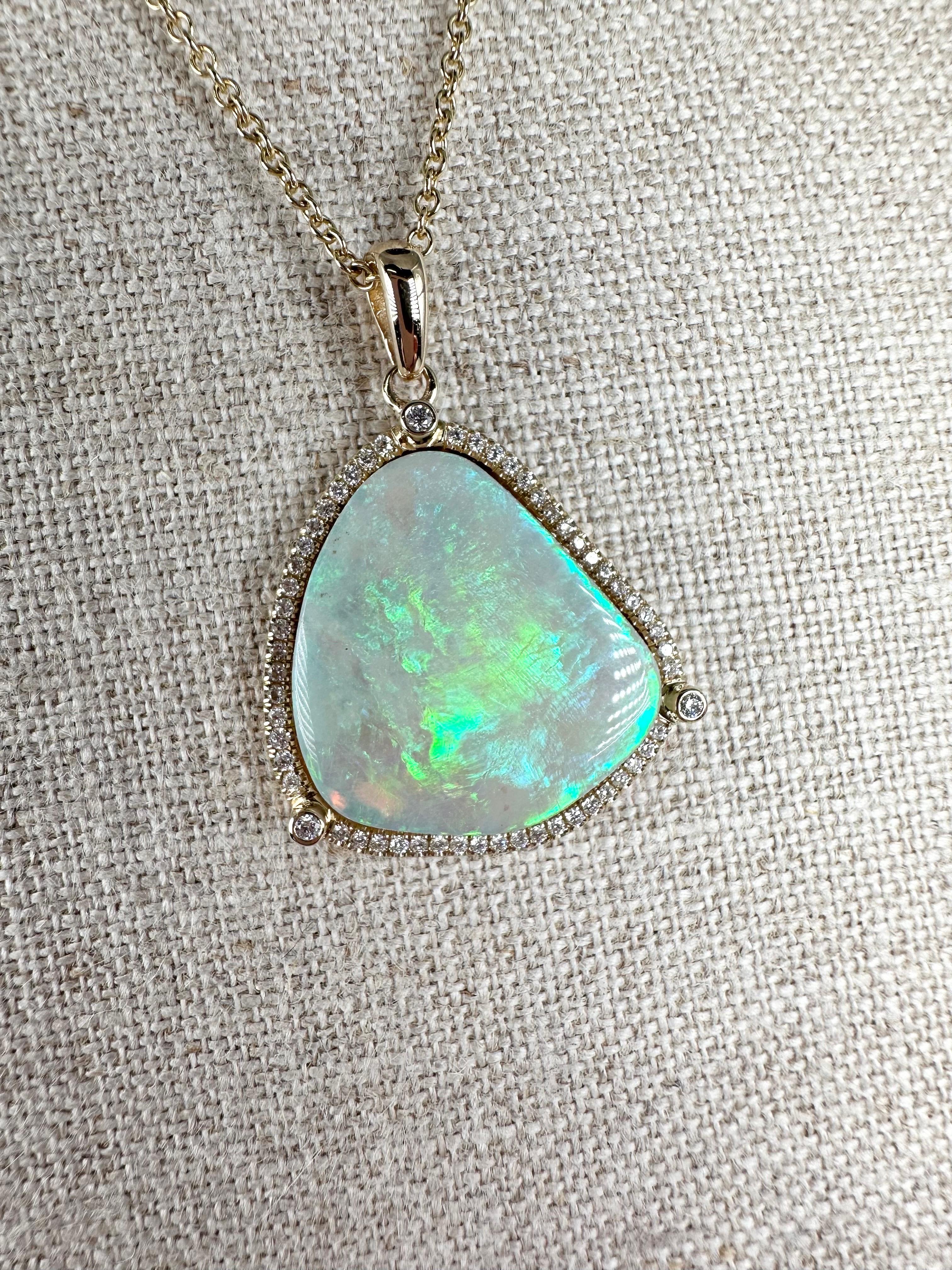 Australian Opal Pendant Necklace Micro Set Diamond Pendant Necklace 14kt Gold For Sale 3