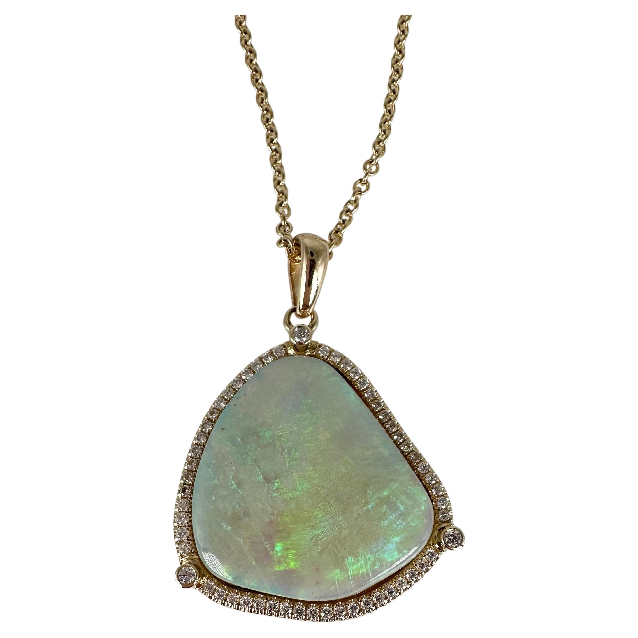 Australian Opal Pendant Necklace Micro Set Diamond Pendant Necklace 14kt Gold For Sale