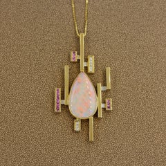 Australian Opal Pink Sapphire Diamond Gold Pendant