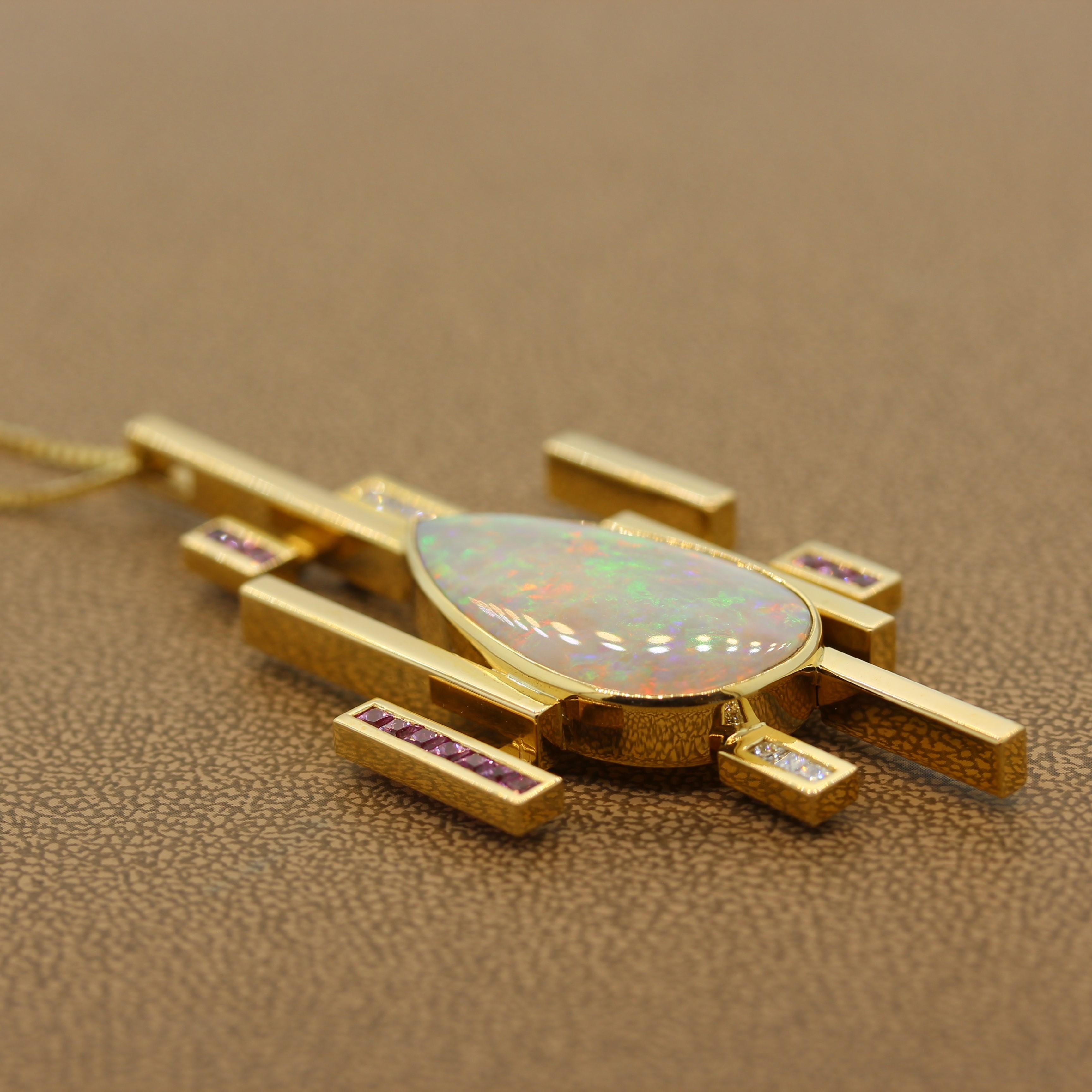 Australian Opal Pink Sapphire Diamond Gold Pendant In New Condition For Sale In Beverly Hills, CA