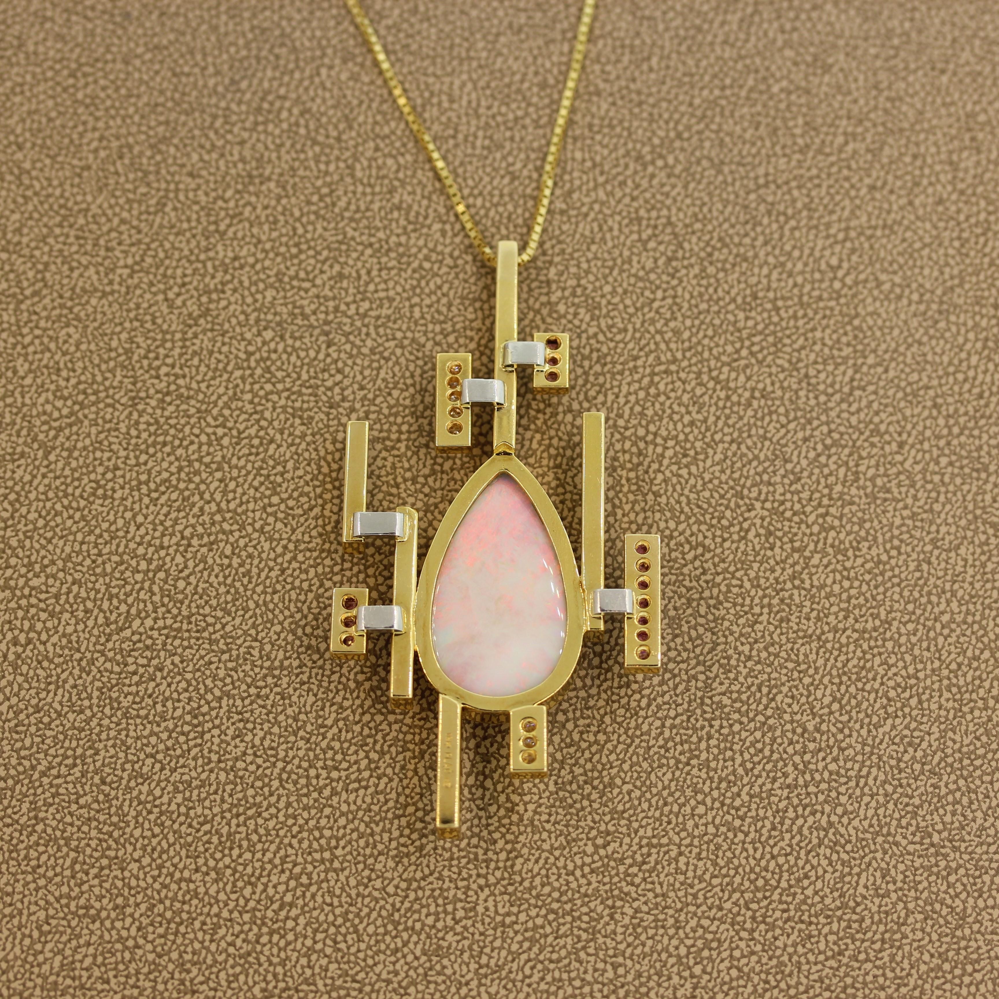 Women's Australian Opal Pink Sapphire Diamond Gold Pendant For Sale