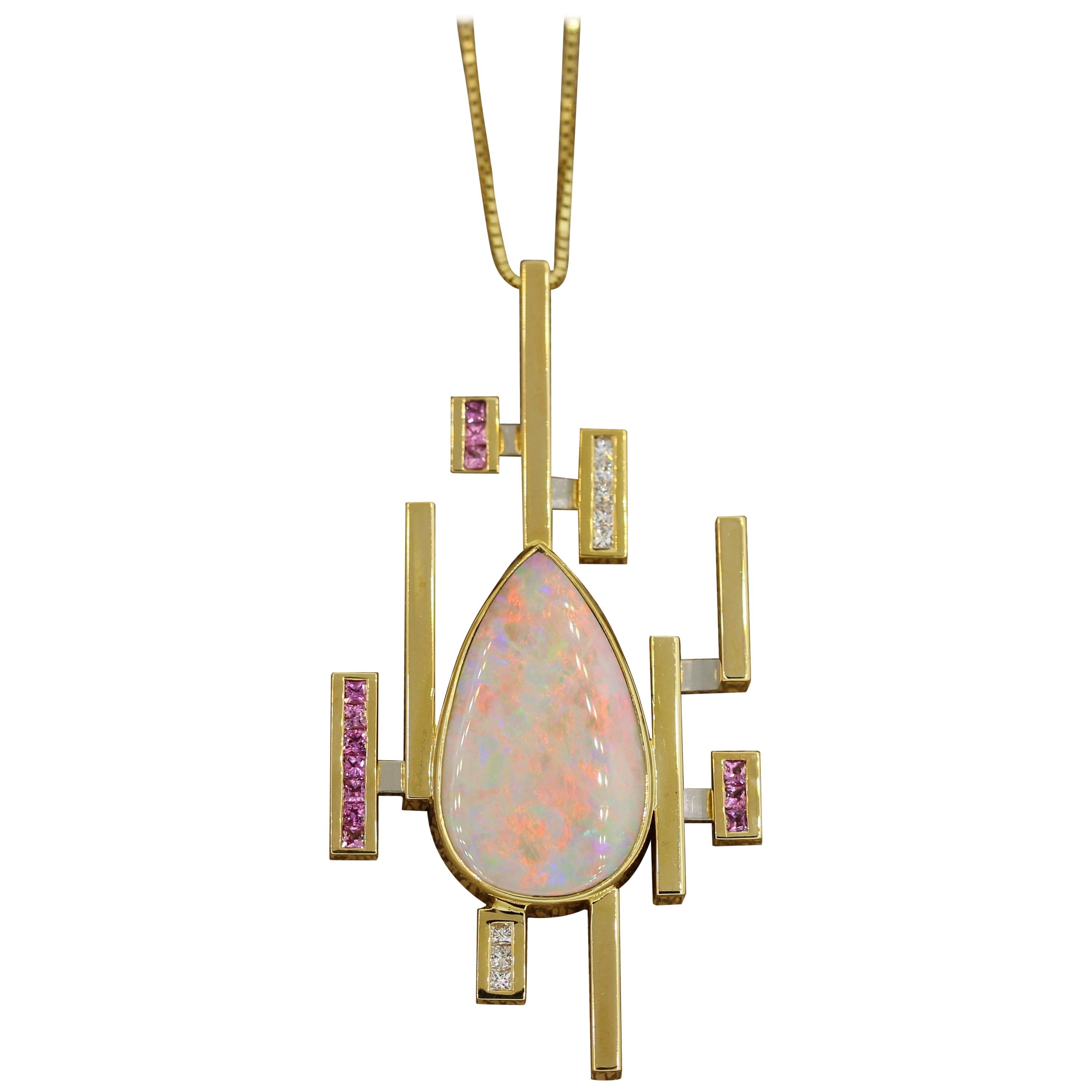 Australian Opal Pink Sapphire Diamond Gold Pendant For Sale
