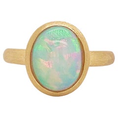Australian Opal Ring, 2.29ct Opal Brush Finish in 18k Yellow Gold, Bezel Set