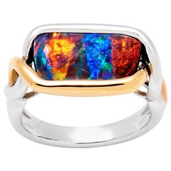 Used  Australian Natural Untreated 4.21ct Boulder Opal Ring 18K White Gold Rose Gold