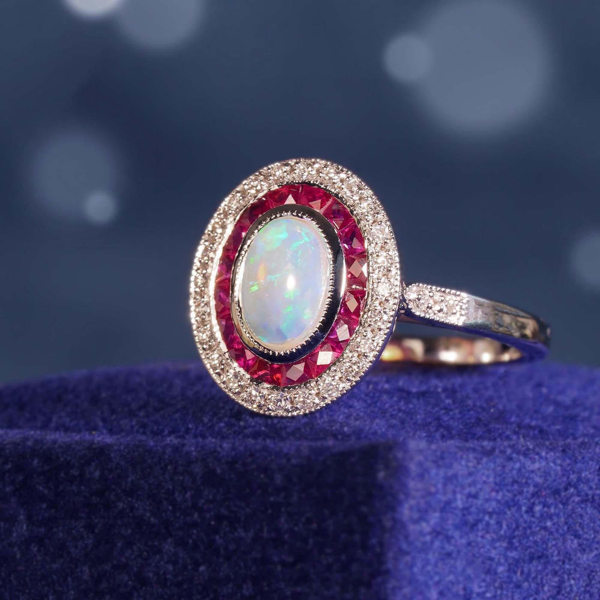 An Art Deco style target design ring made with 14k white gold. The center is a 0.45 carat oval cut of play-of-color opal. It is surrounded by custom cut rubies that are cut by hand to fit seamlessly together. The rubies are further enhanced by a row