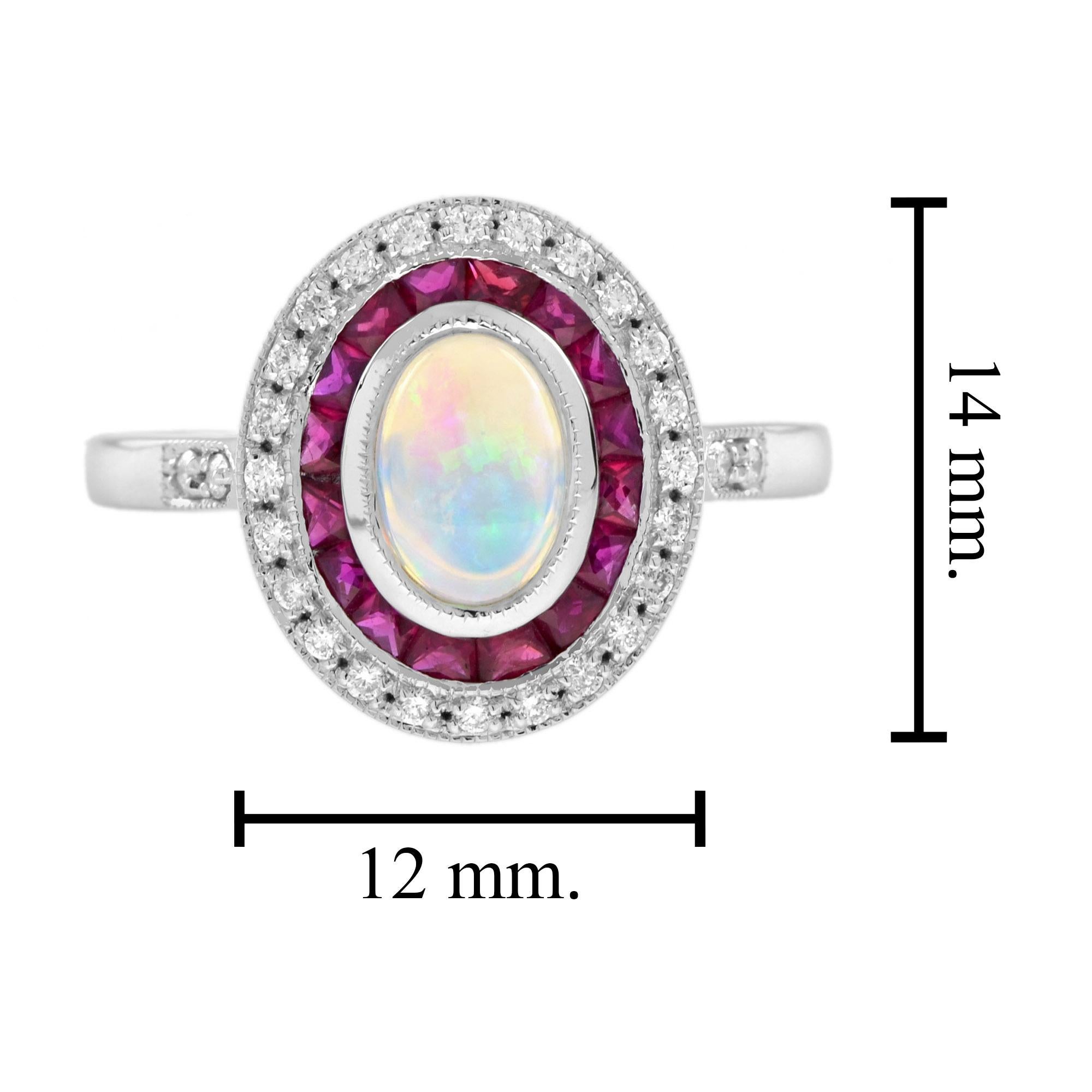 Women's Australian Opal Ruby Diamond Art Deco Style Oval Halo Ring in 14K White Gold