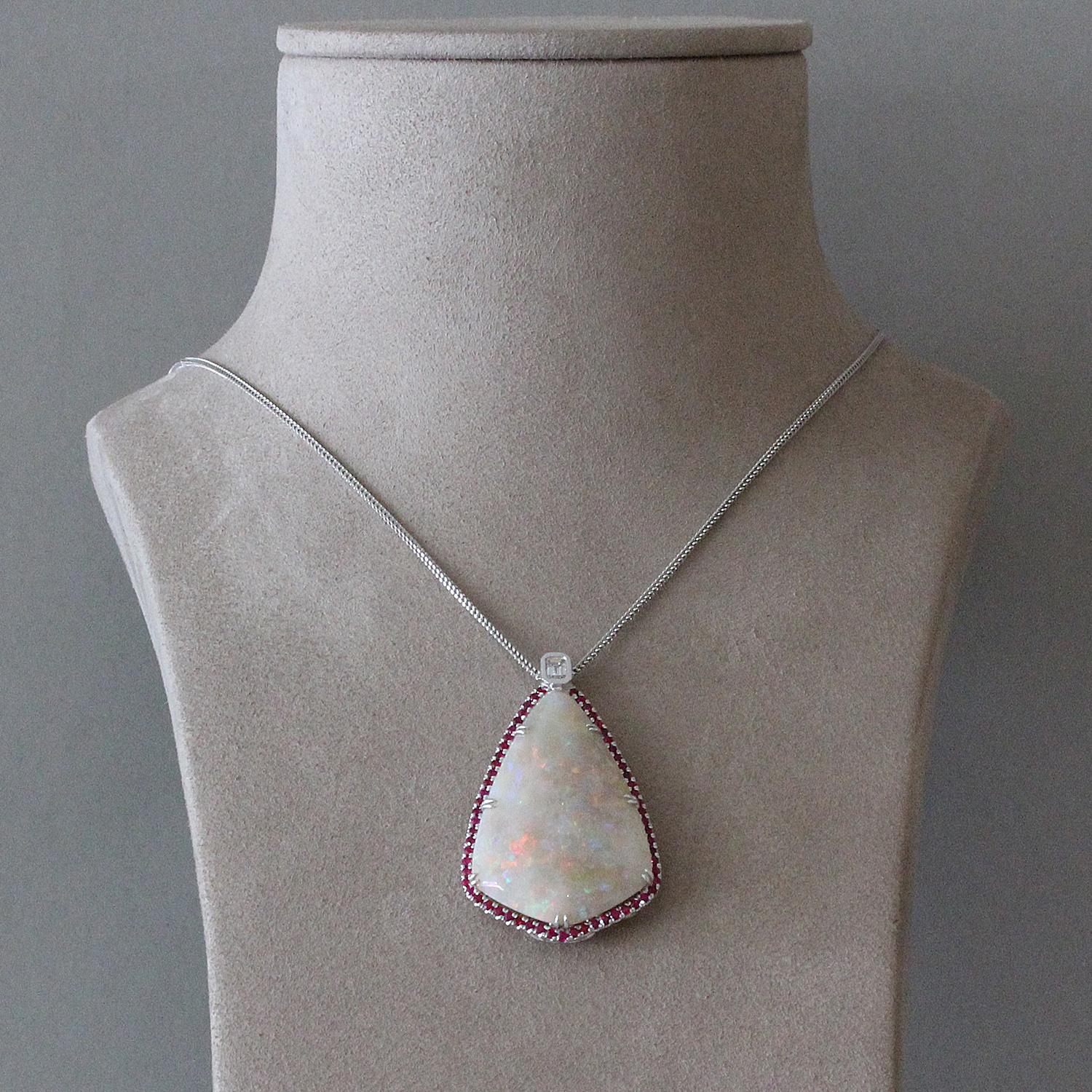 Australian Opal Ruby Diamond Platinum Pendant, GIA In New Condition For Sale In Beverly Hills, CA