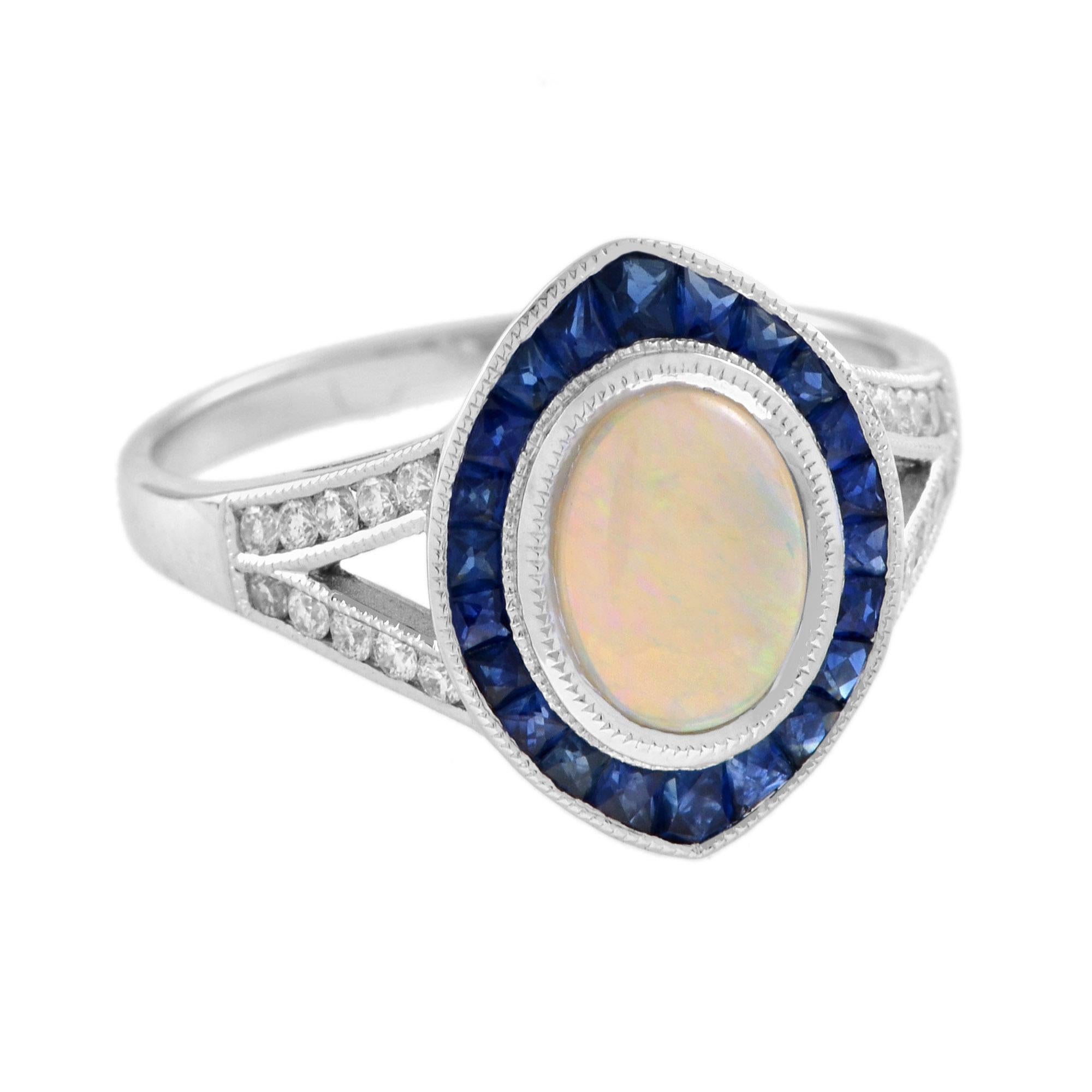 Art Deco Australian Opal Sapphire and Diamond Marquise Shape Ring in 14K White Gold For Sale