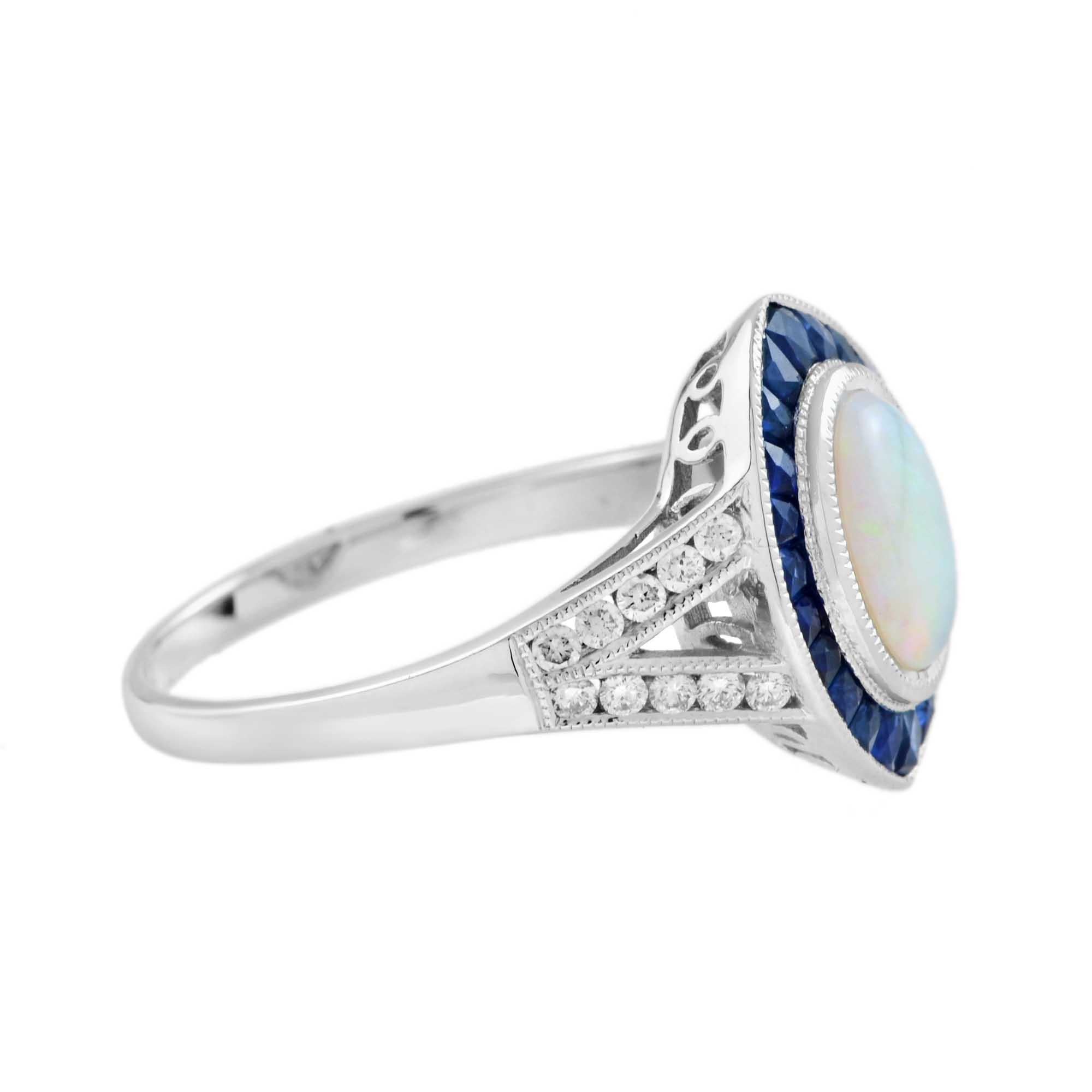 Oval Cut Australian Opal Sapphire and Diamond Marquise Shape Ring in 14K White Gold For Sale