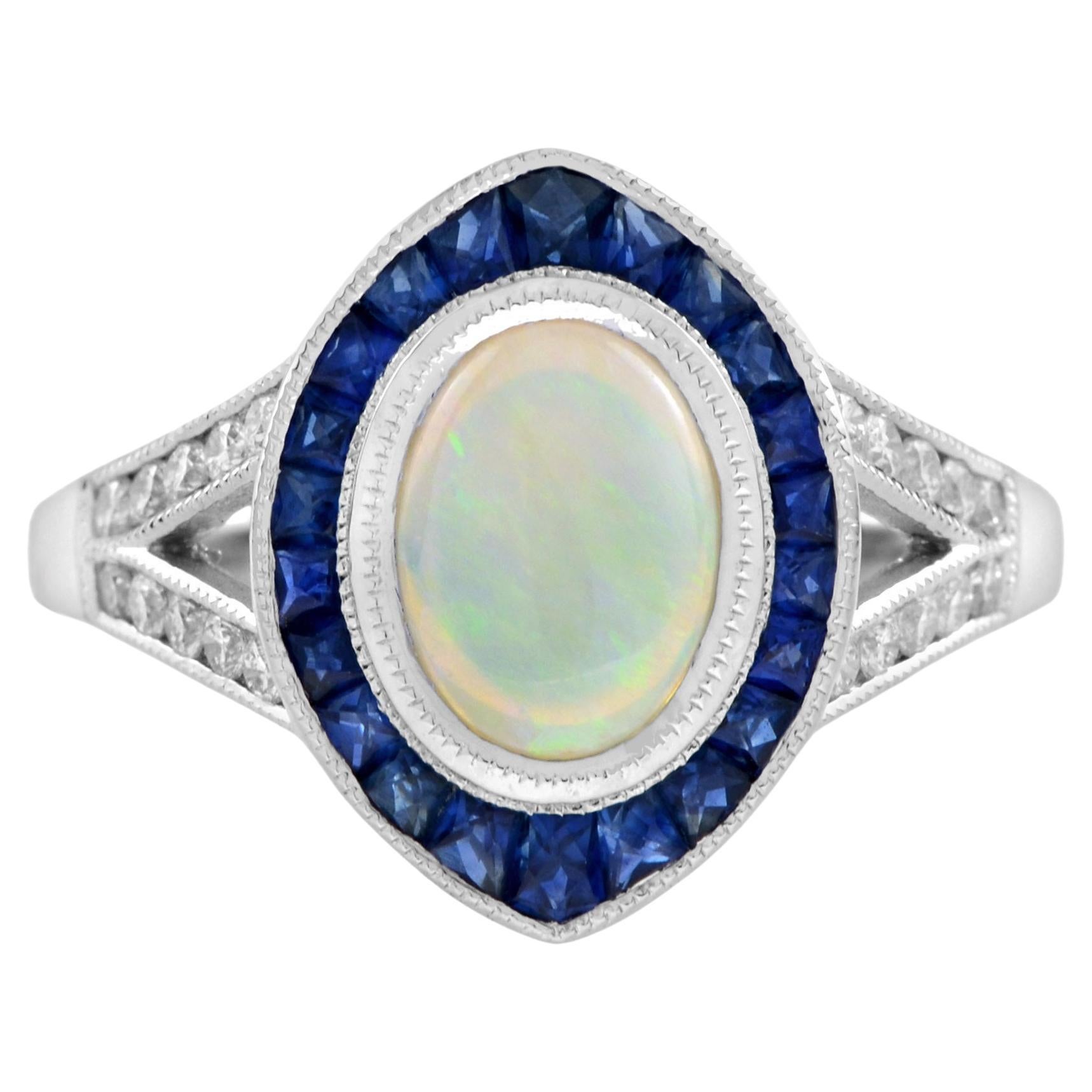 Australian Opal Sapphire and Diamond Marquise Shape Ring in 14K White Gold For Sale
