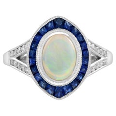 Australian Opal Sapphire and Diamond Marquise Shape Ring in 14K White Gold