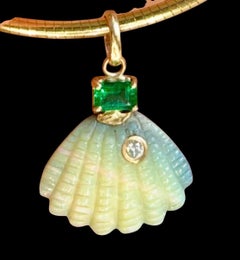 Australian Opal Shell Pendant with Diamond, Emerald & 14k Gold (double rainbow)