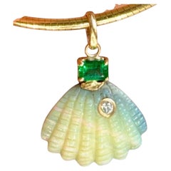 Australian Opal Shell Pendant with Diamond, Emerald & 14k Gold (double rainbow)