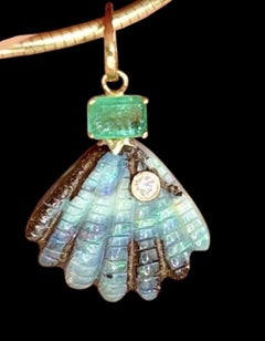 Australian Opal Shell Pendant with Diamond, Emerald & 14k Gold