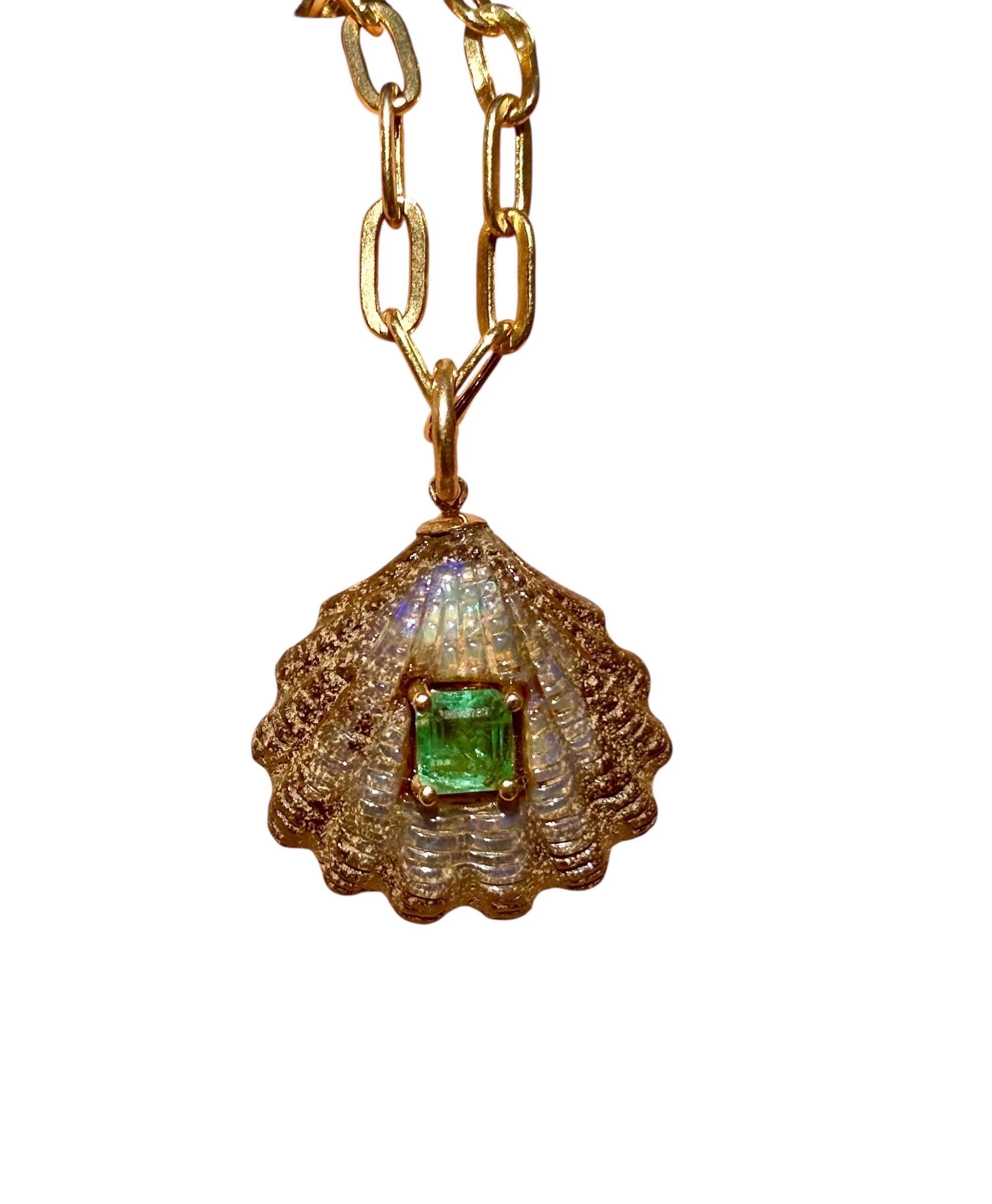 Mixed Cut Australian Opal Shell Pendant with Emerald & 14k Gold For Sale