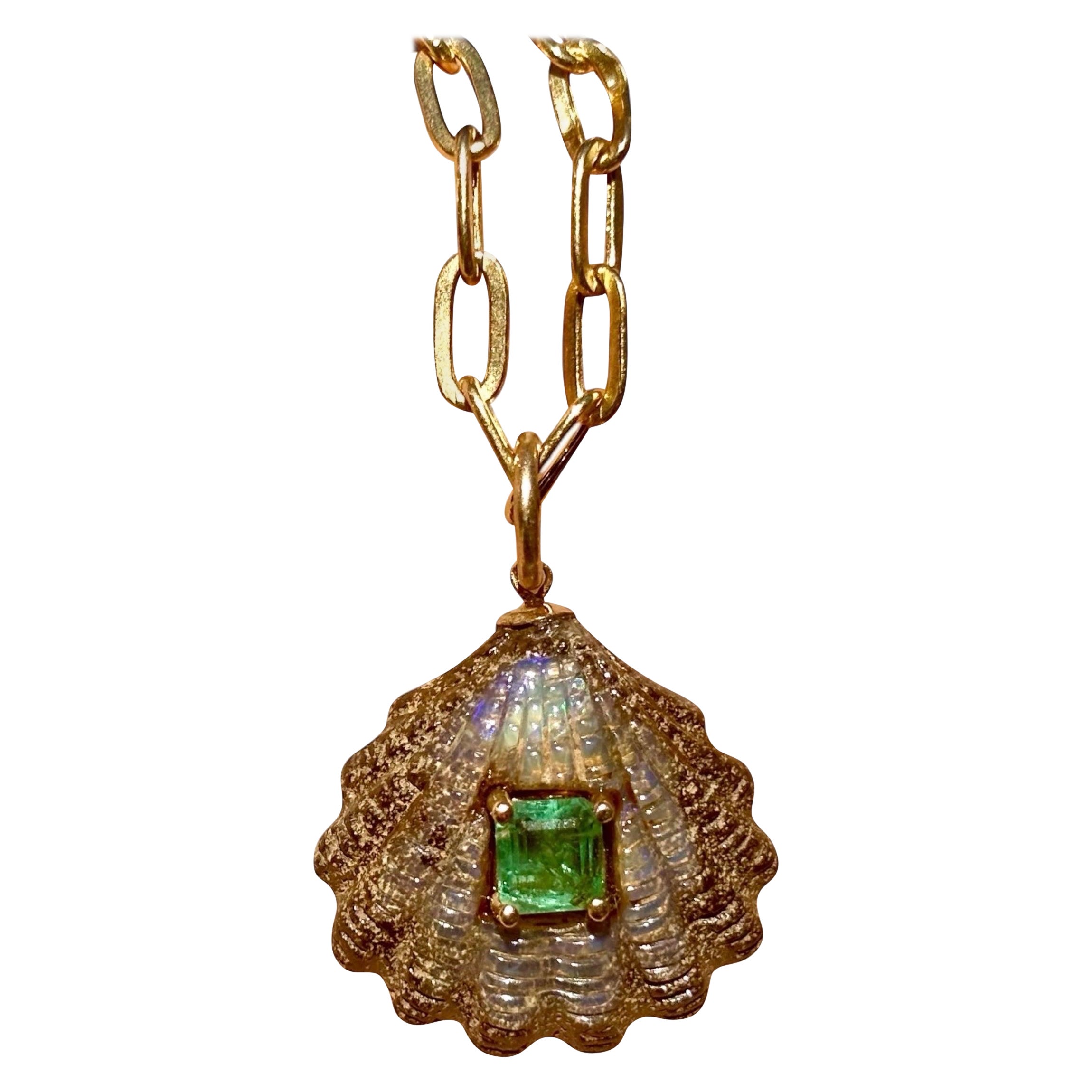 Australian Opal Shell Pendant with Emerald & 14k Gold For Sale