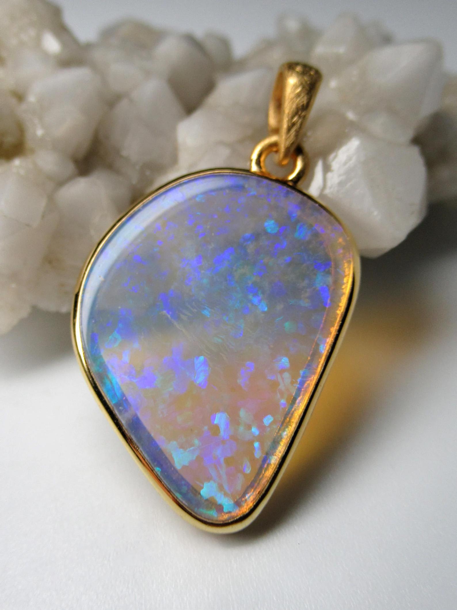 Mixed Cut Australian Opal Silver Gold Plated Pendant Colorful Yellow Freeform Blue Stone 
