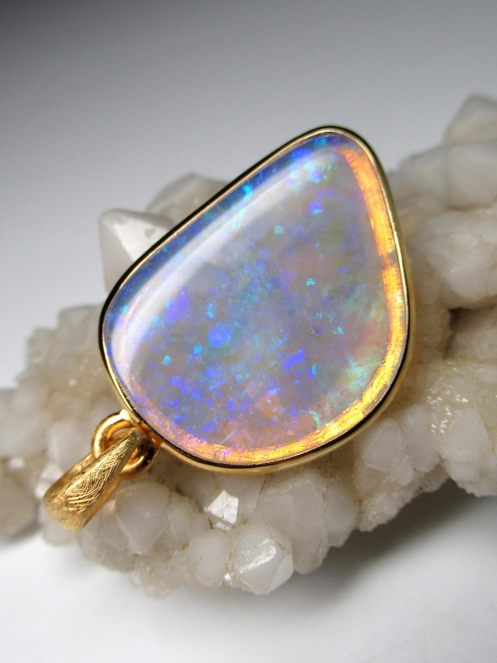 Women's or Men's Australian Opal Silver Gold Plated Pendant Colorful Yellow Freeform Blue Stone 