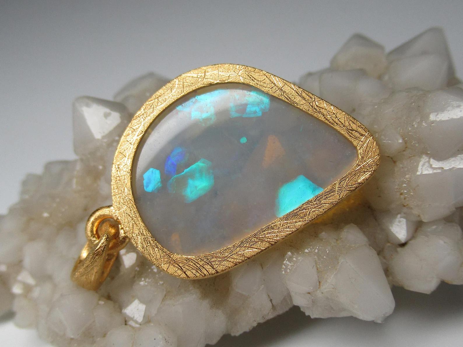 Australian Opal Silver Gold Plated Pendant Colorful Yellow Freeform Blue Stone  1