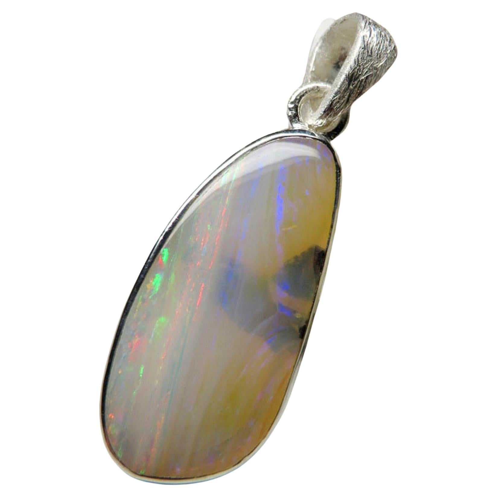 Australian Opal Silver Pendant Natural Nacreous Clouds Straw Pattern Gemstone