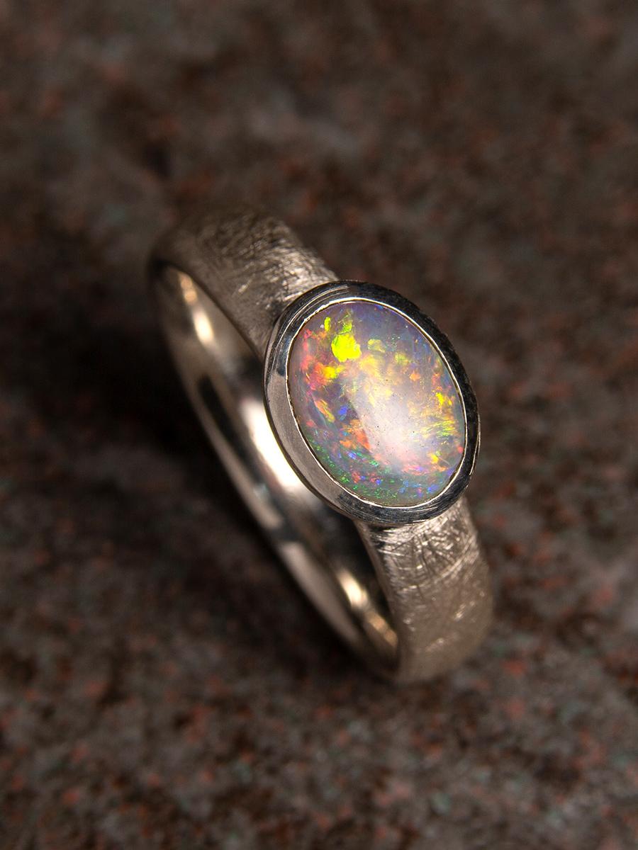 Australian Opal Silver Ring Yellow Orange Blue Green Gemstone Ring Engagement For Sale 1