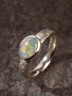 Australian Opal Silver Ring Yellow Orange Blue Green Gemstone Ring Engagement