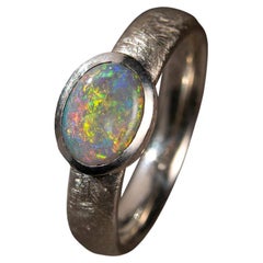 Australian Opal Silver Ring Yellow Orange Blue Green Gemstone Ring Engagement