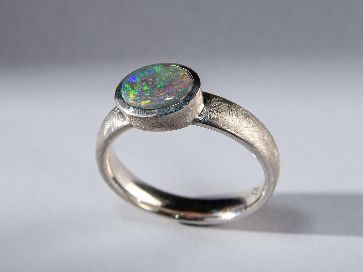 Oval Cut Australian Opal Silver Ring Yellow Orange Blue Green Gemstone Ring Engagement