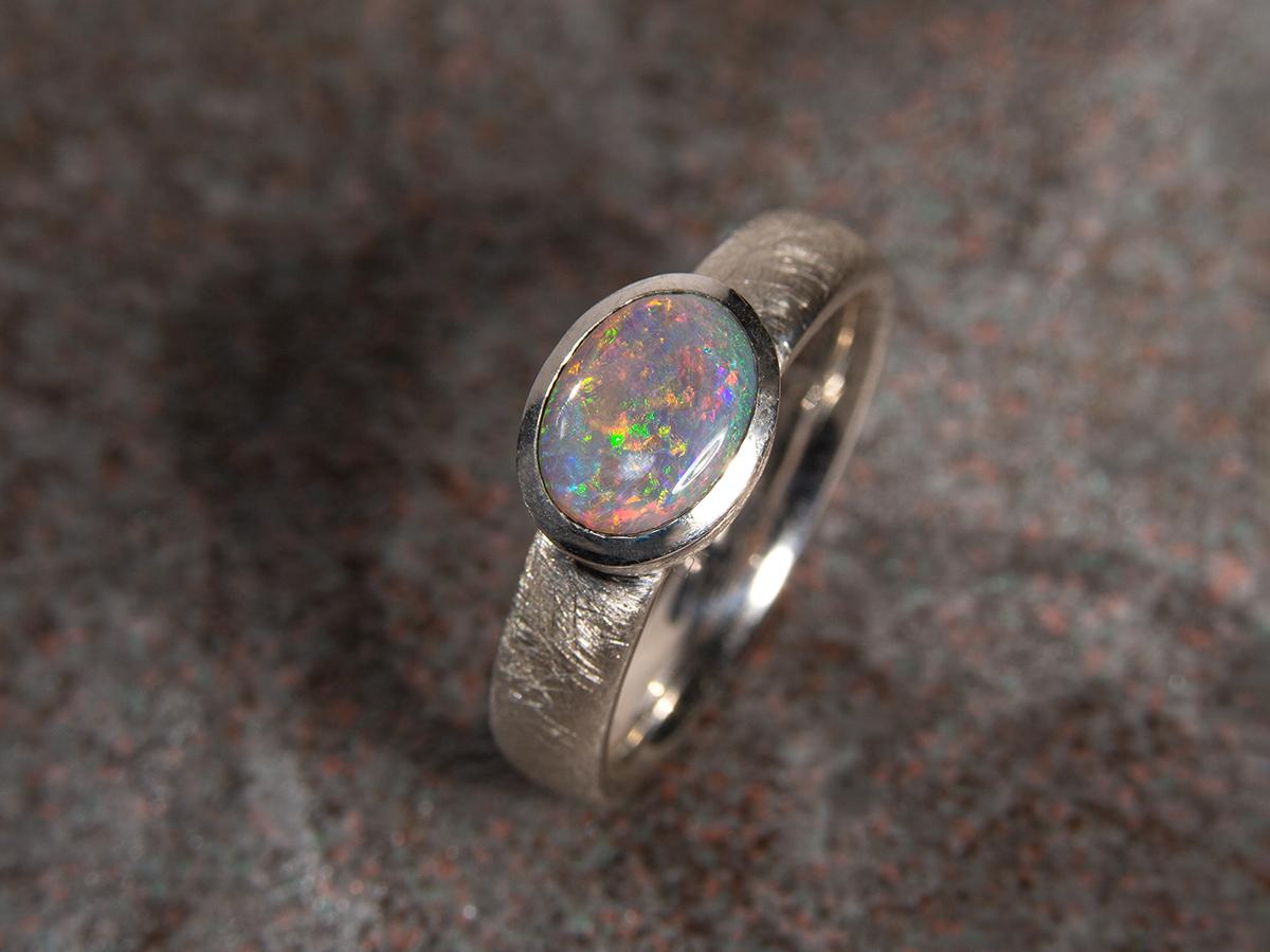 Women's or Men's Australian Opal Silver Ring Yellow Orange Blue Green Gemstone Ring Engagement