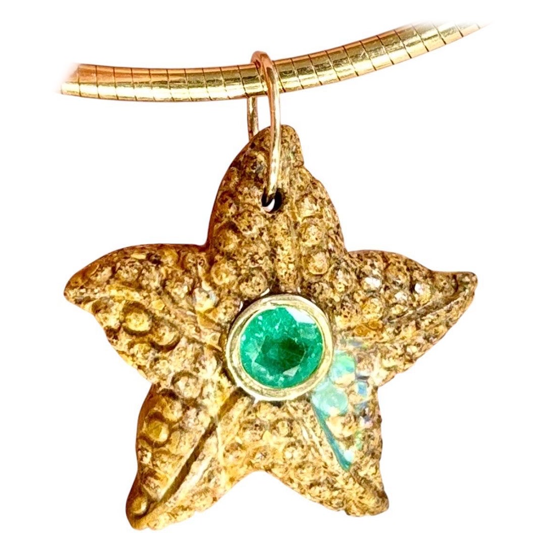 Australian Opal Starfish Pendant (medium) with Emerald & 14k Gold For Sale