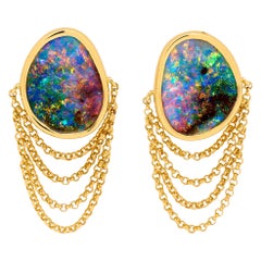 Natural Australian 8.21ct Boulder Opal Dangle Earrings in 18K Yellow Gold