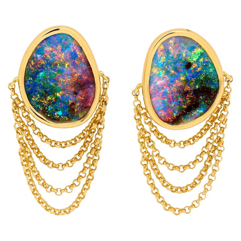 Natural Australian 8.21ct Boulder Opal Dangle Earrings in 18K Yellow Gold For Sale