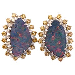 Australian Opal Studs Set in 18 Karat Gold with Yellow and White Diamonds
