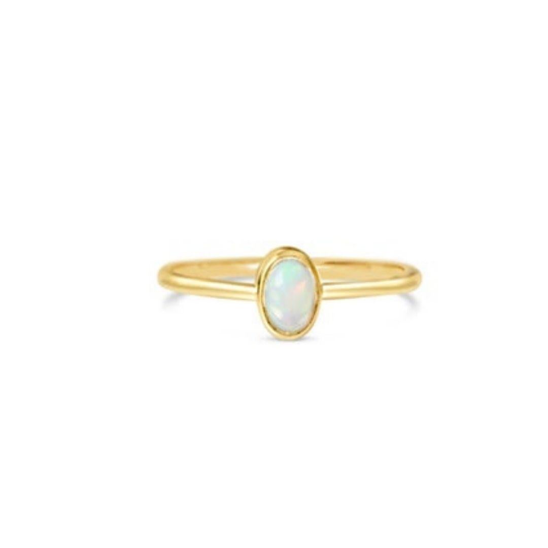 Artisan Australian Opal Thin Gold Ring, October Birthstone Ring, 14 Karat Gold Ring For Sale