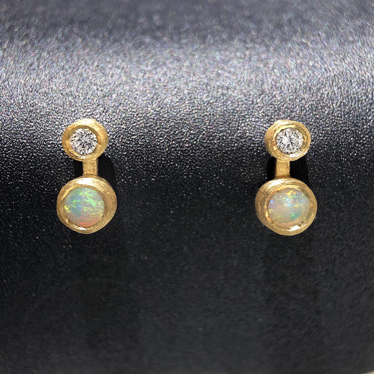 Modern Australian Opal White Diamond Satin Gold Handmade Stud Earrings