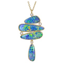 Australian Opal + White Diamond Stack Yellow Gold Drop Necklace, Tej Kothari