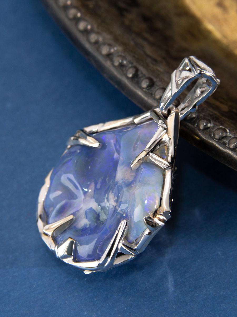 Australian Opal White Gold Pendant Raw Uncut Iridescent Lavender Purple Gemstone For Sale 3