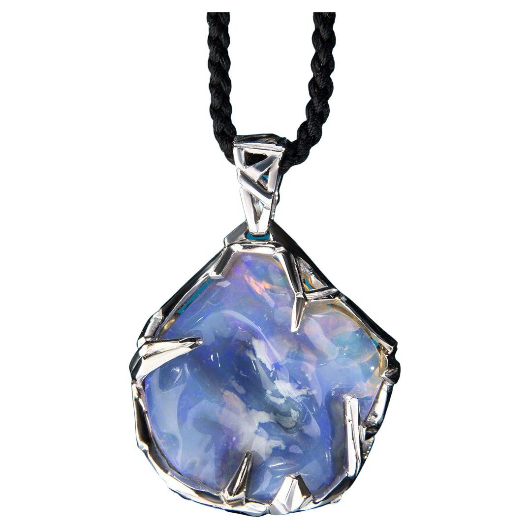 Pendentif en or blanc Opale d'Australie brute non taillée Iridescent Lavender Purple Gemstone