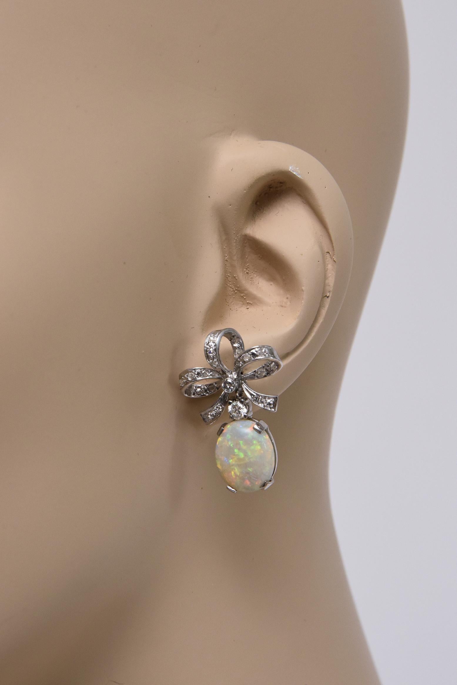 Australian Opal with Diamond Bow Dangle Drop White Gold Earrings For Sale 5