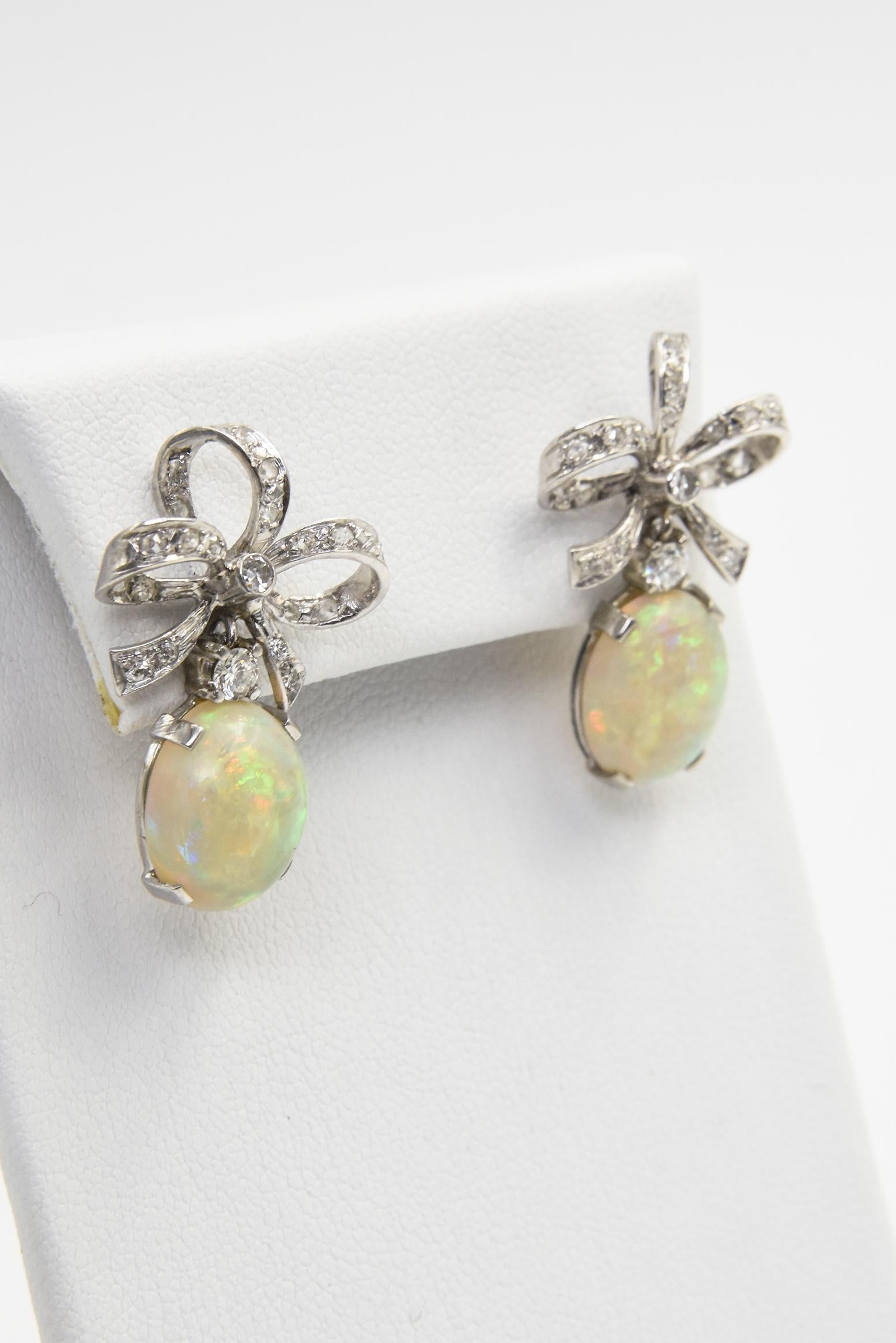 Cabochon Australian Opal with Diamond Bow Dangle Drop White Gold Earrings For Sale