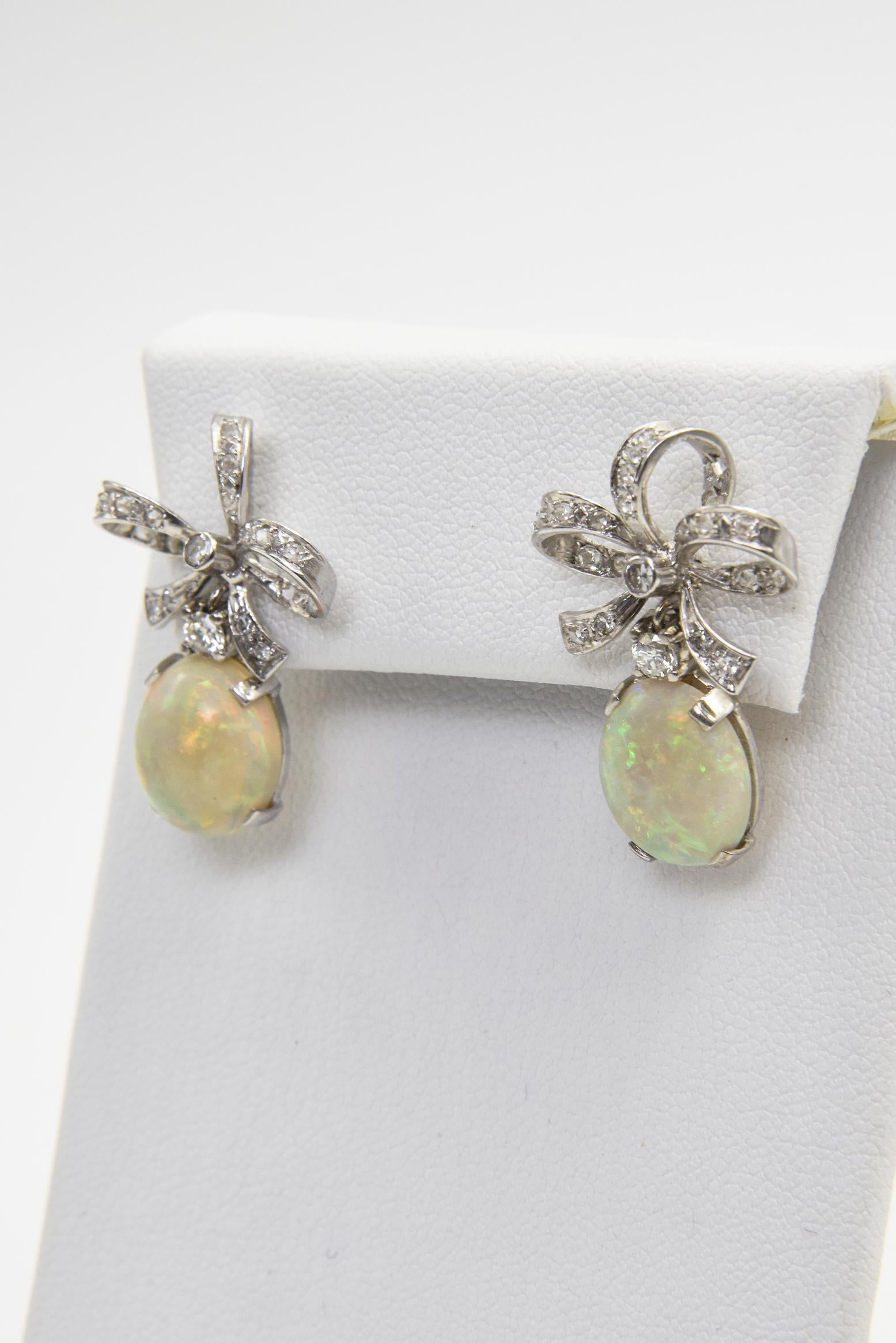 Australian Opal with Diamond Bow Dangle Drop White Gold Earrings In Good Condition For Sale In Miami Beach, FL