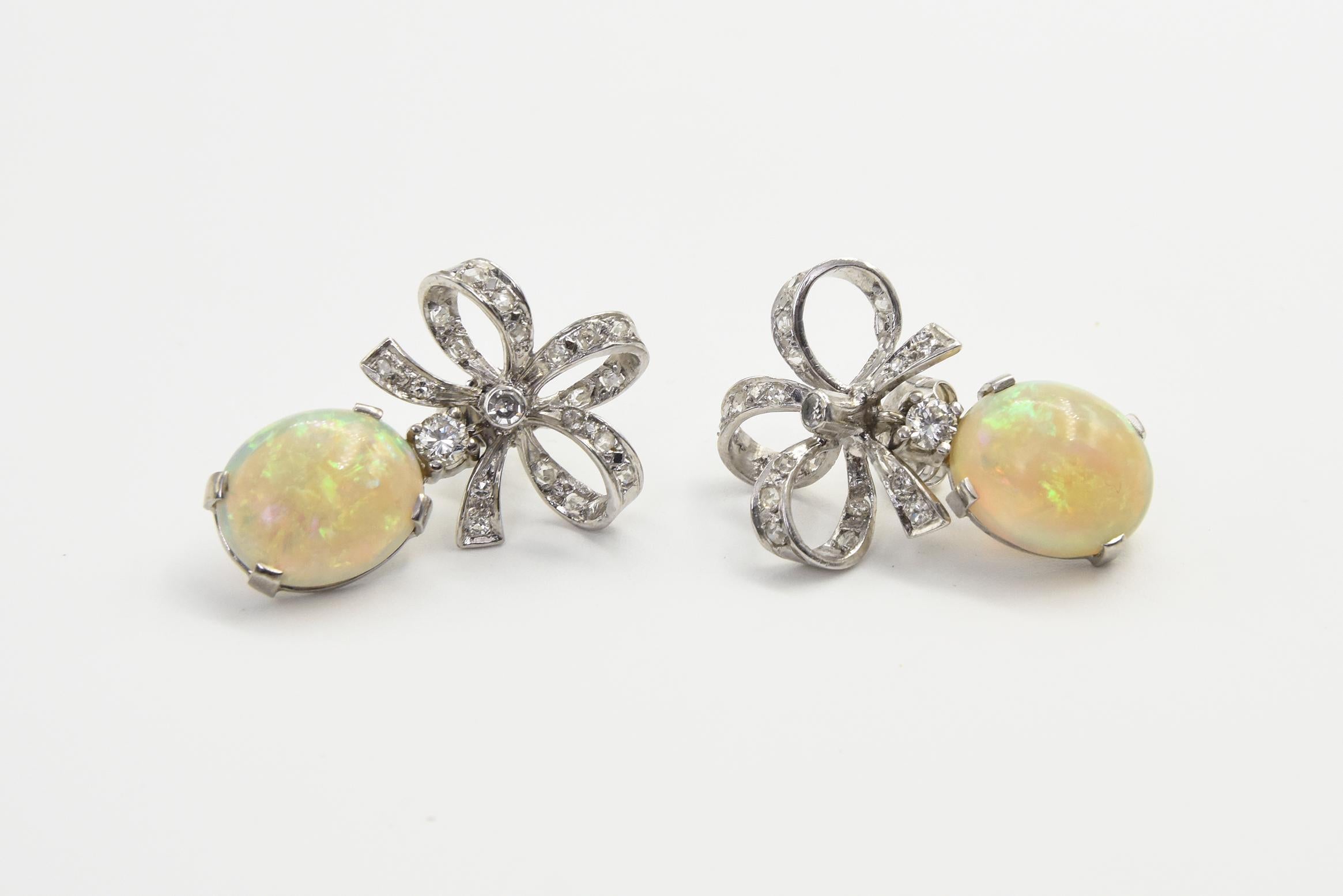 Women's or Men's Australian Opal with Diamond Bow Dangle Drop White Gold Earrings For Sale