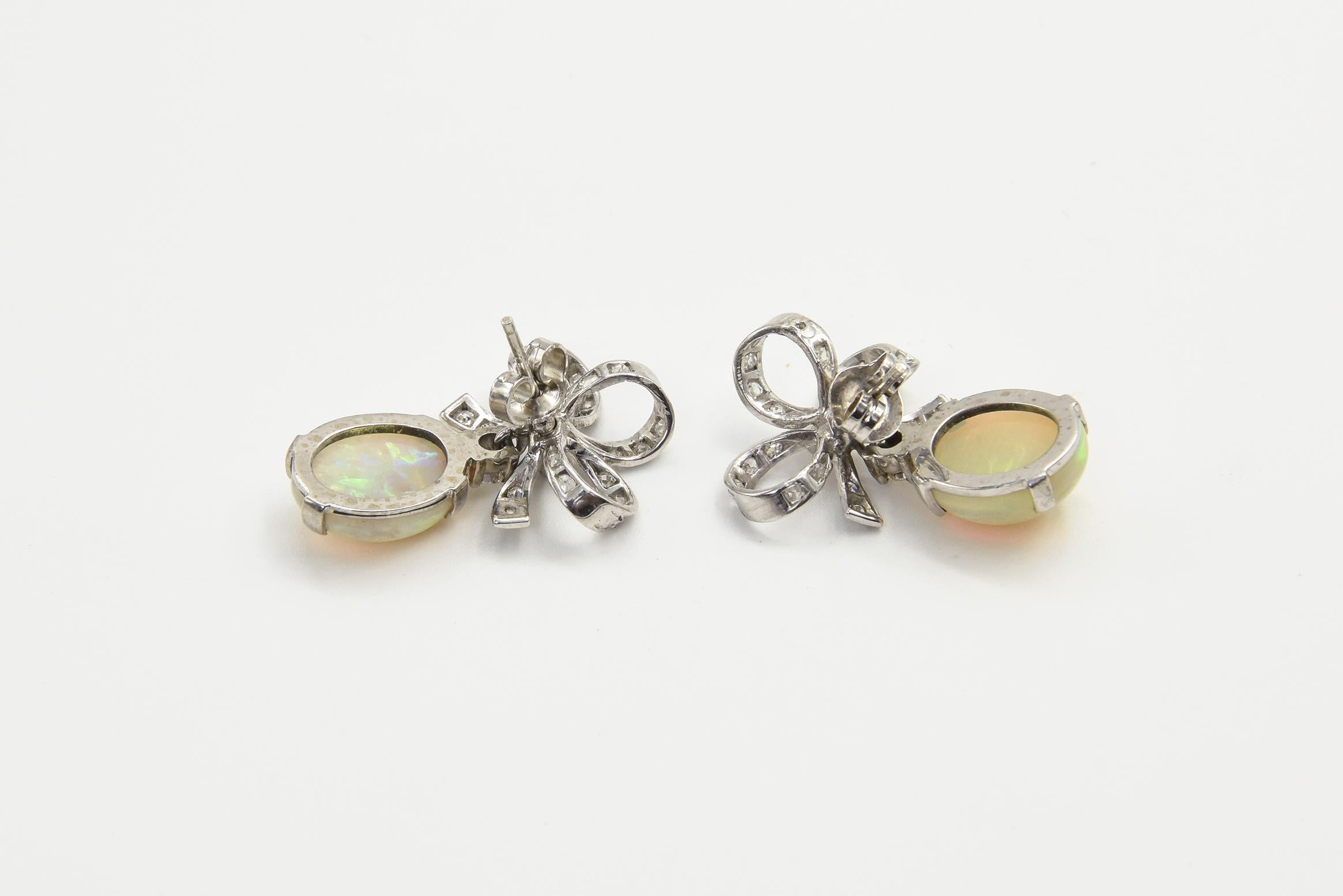 Australian Opal with Diamond Bow Dangle Drop White Gold Earrings For Sale 1