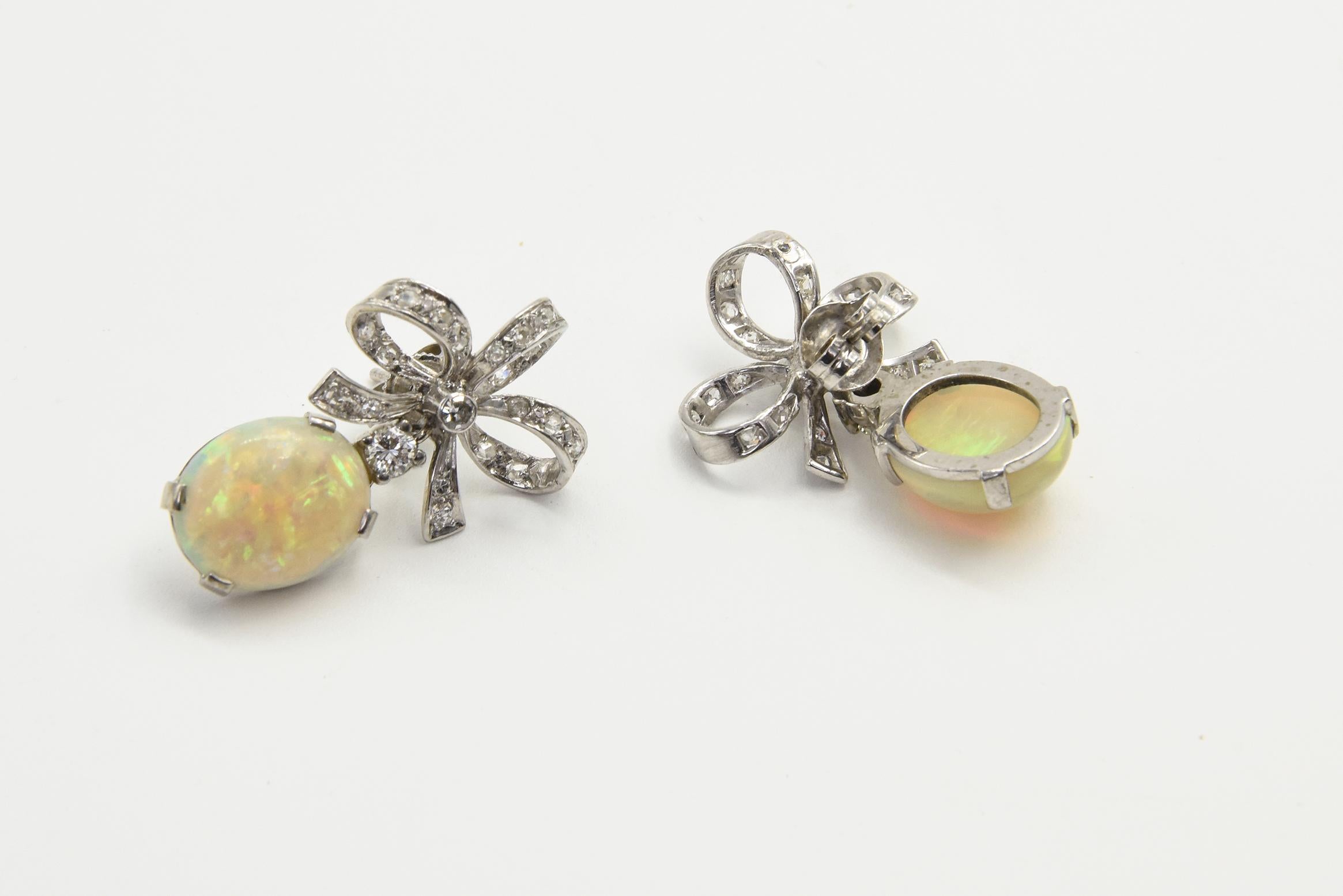 Australian Opal with Diamond Bow Dangle Drop White Gold Earrings For Sale 2