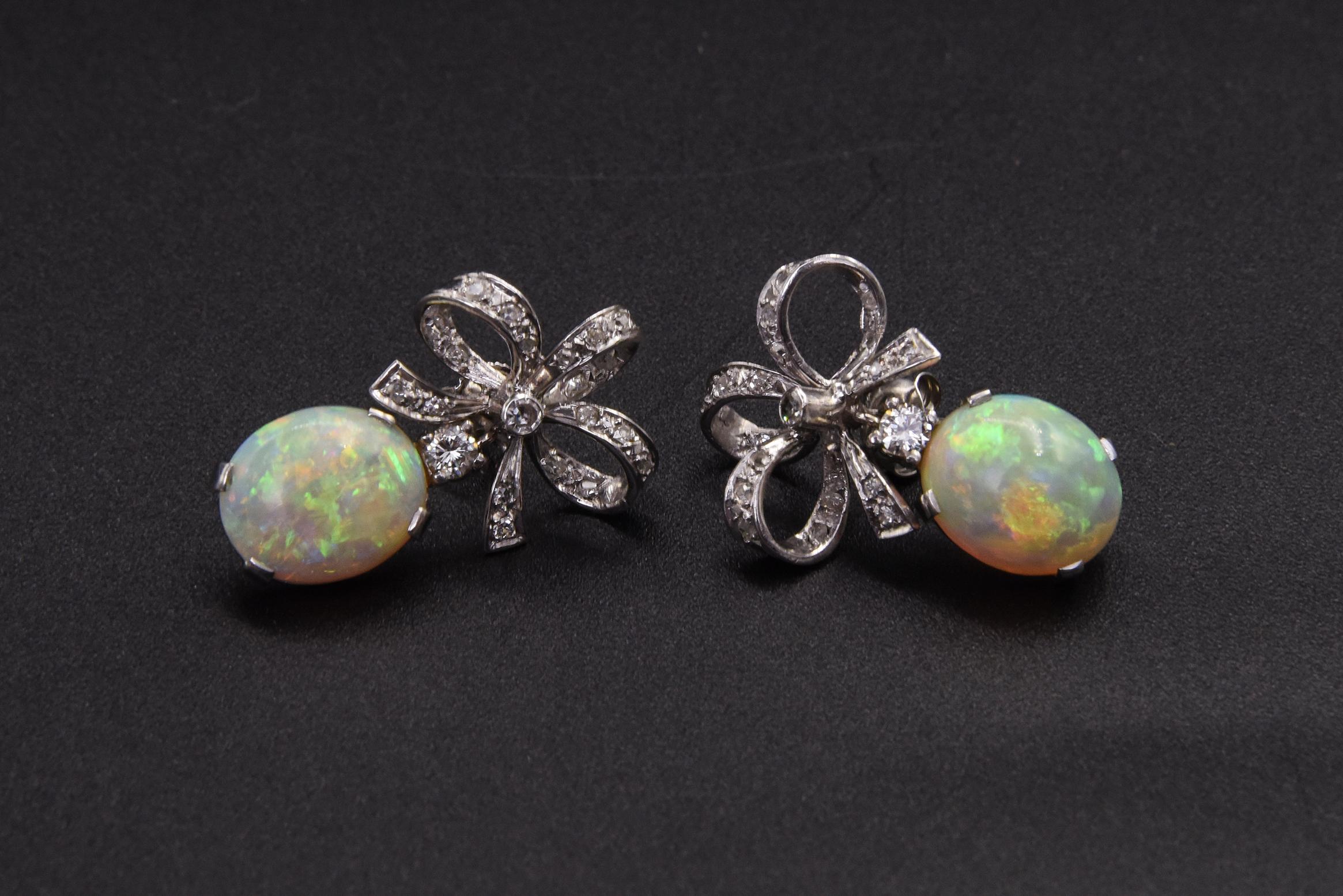 Australian Opal with Diamond Bow Dangle Drop White Gold Earrings For Sale 3