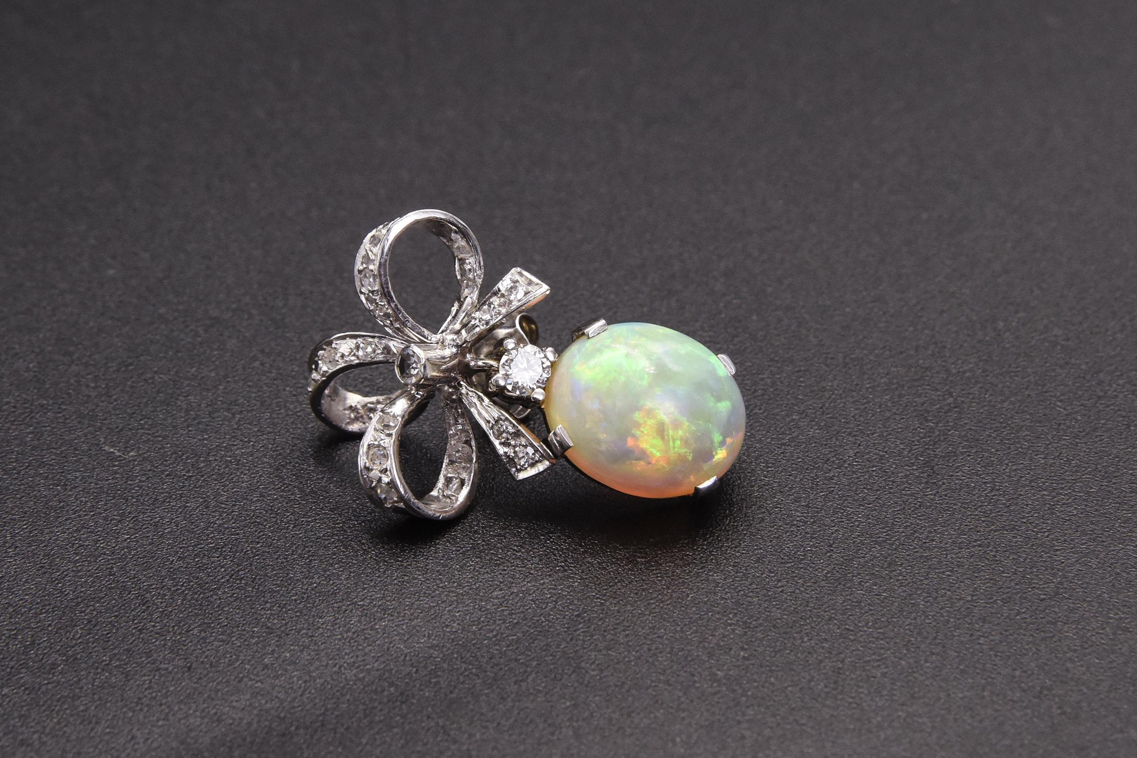 Australian Opal with Diamond Bow Dangle Drop White Gold Earrings For Sale 4